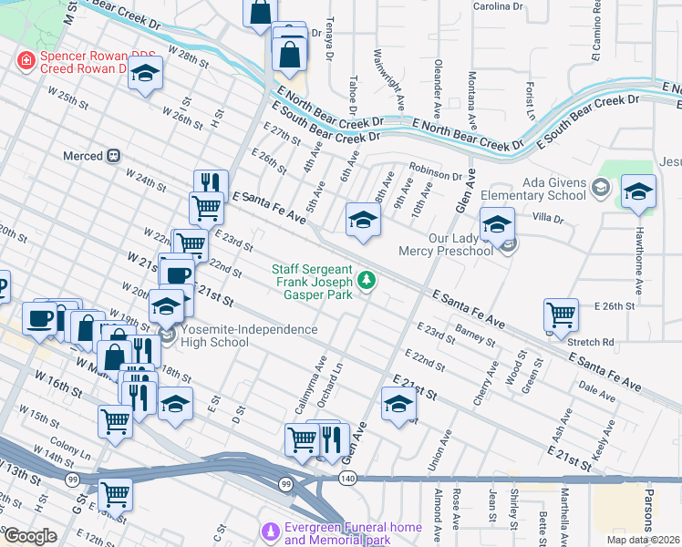 map of restaurants, bars, coffee shops, grocery stores, and more near 203 East 23rd Street in Merced