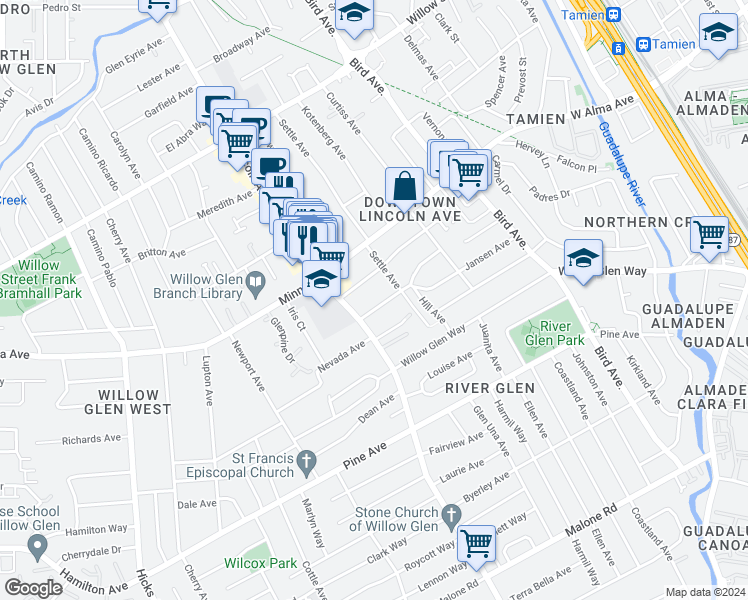map of restaurants, bars, coffee shops, grocery stores, and more near 1465 Settle Avenue in San Jose