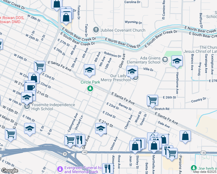 map of restaurants, bars, coffee shops, grocery stores, and more near 2563 Glen Avenue in Merced