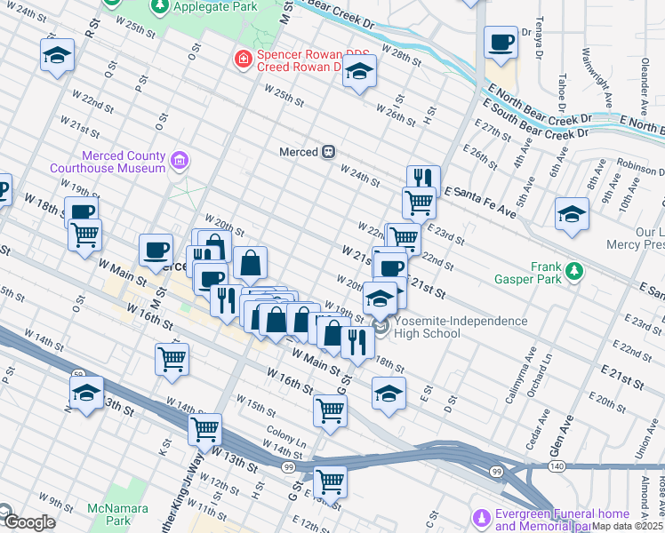 map of restaurants, bars, coffee shops, grocery stores, and more near 212 West 21st Street in Merced