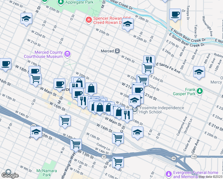 map of restaurants, bars, coffee shops, grocery stores, and more near 212 West 21st Street in Merced