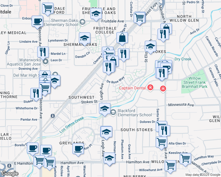 map of restaurants, bars, coffee shops, grocery stores, and more near 1590 De Rose Way in San Jose