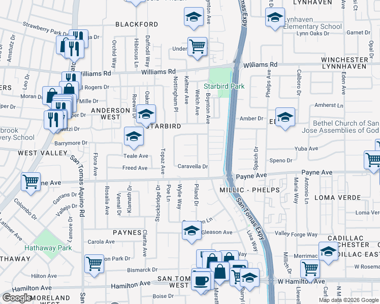 map of restaurants, bars, coffee shops, grocery stores, and more near 3783 Woodleaf Court in San Jose