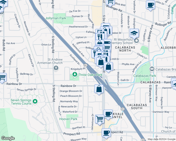 map of restaurants, bars, coffee shops, grocery stores, and more near 7453 Kingsbury Place in Cupertino