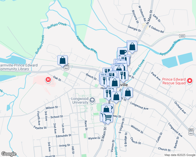 map of restaurants, bars, coffee shops, grocery stores, and more near 304 Beech Street in Farmville