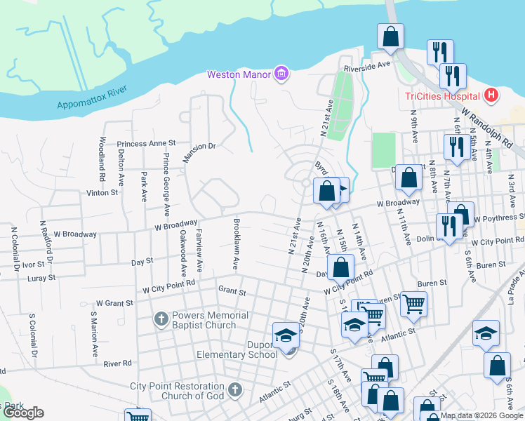 map of restaurants, bars, coffee shops, grocery stores, and more near 104 Monticello Drive in Hopewell