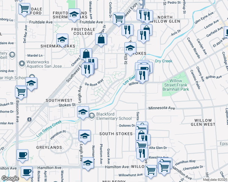 map of restaurants, bars, coffee shops, grocery stores, and more near 1450 Stokes Street in San Jose