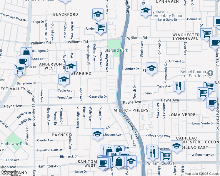 map of restaurants, bars, coffee shops, grocery stores, and more near 3691 Cape Cod Court in San Jose