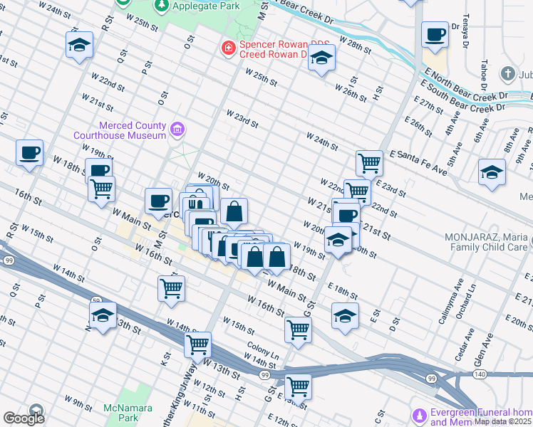 map of restaurants, bars, coffee shops, grocery stores, and more near 1938 Martin Luther King Junior Way in Merced