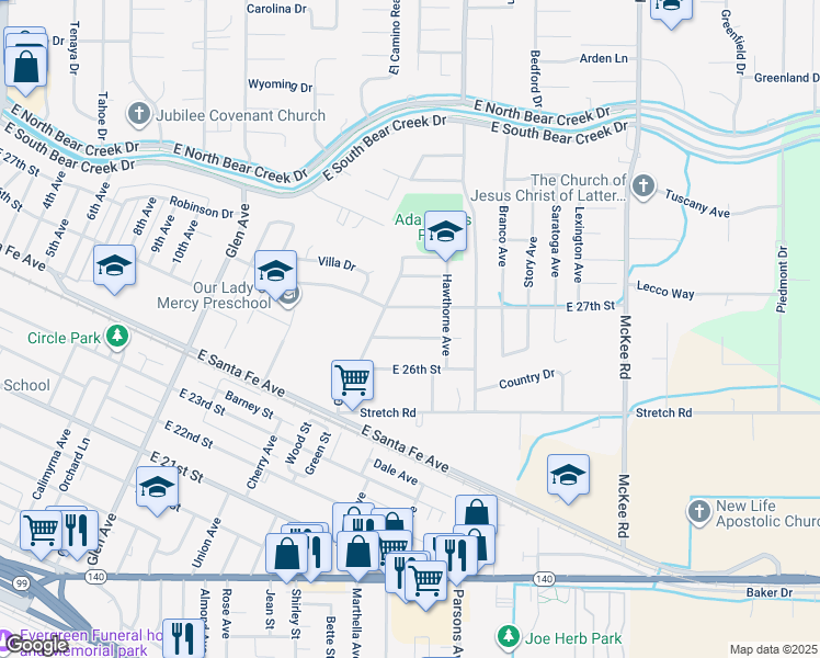 map of restaurants, bars, coffee shops, grocery stores, and more near 1595 Primrose Avenue in Merced