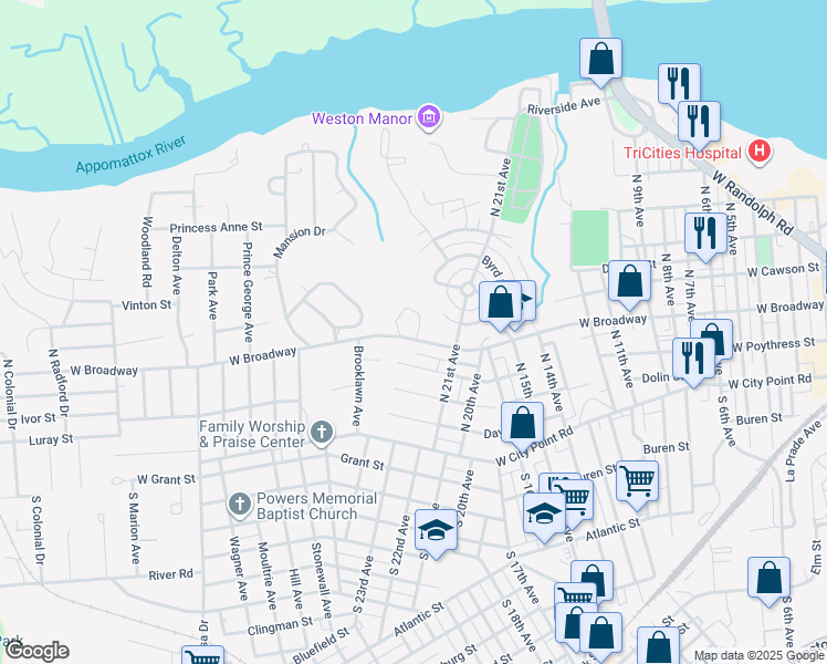 map of restaurants, bars, coffee shops, grocery stores, and more near 402 Monticello Drive in Hopewell