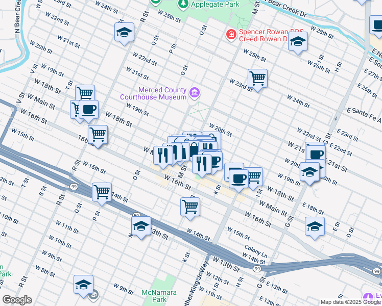 map of restaurants, bars, coffee shops, grocery stores, and more near 694 Marybelle Drive in Merced