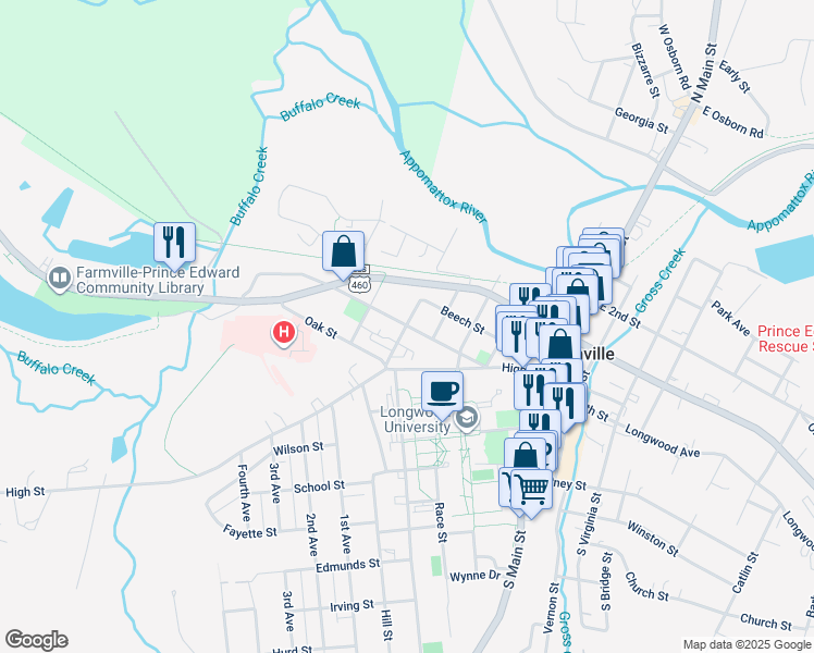 map of restaurants, bars, coffee shops, grocery stores, and more near 198 Appomattox St in Farmville