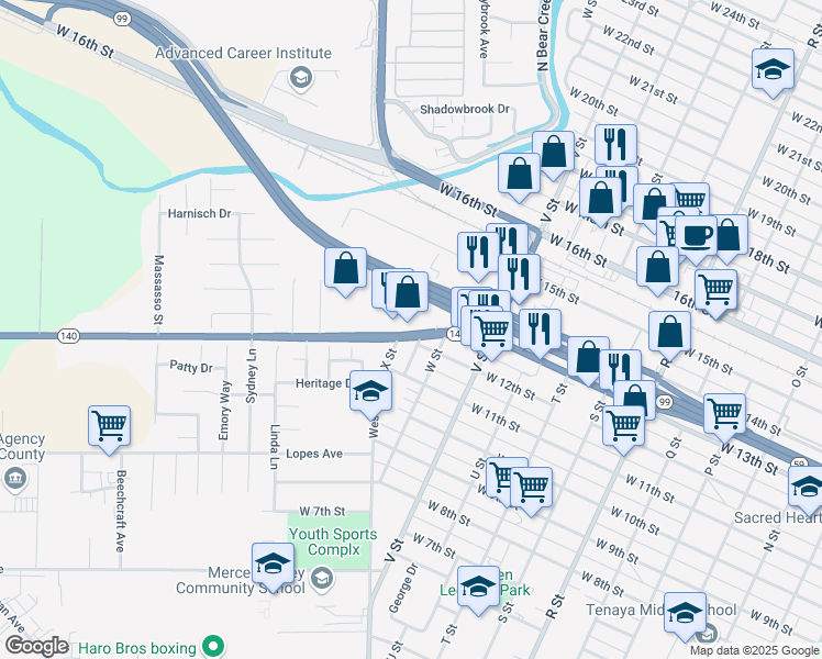 map of restaurants, bars, coffee shops, grocery stores, and more near 1672 West 13th Street in Merced
