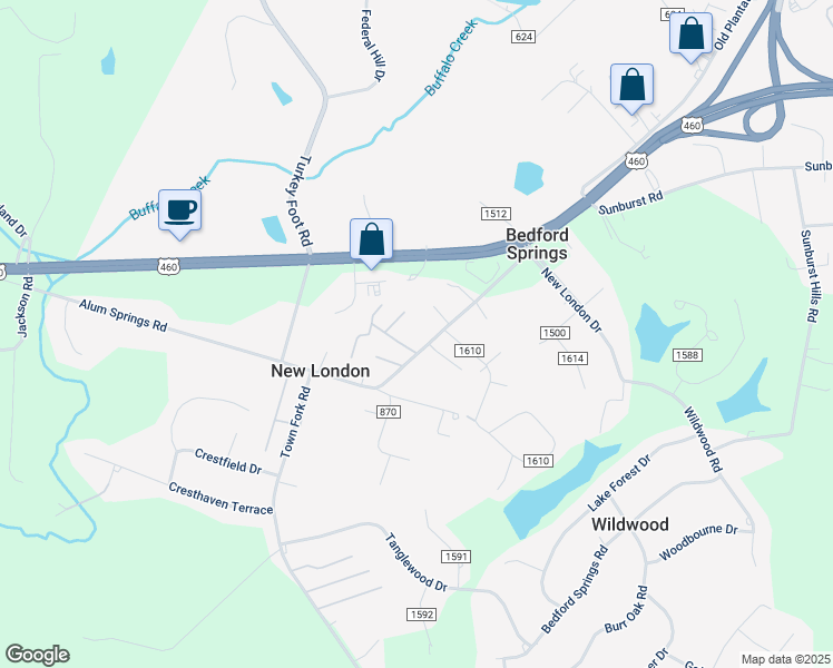 map of restaurants, bars, coffee shops, grocery stores, and more near 299 Alum Springs Road in Lynchburg