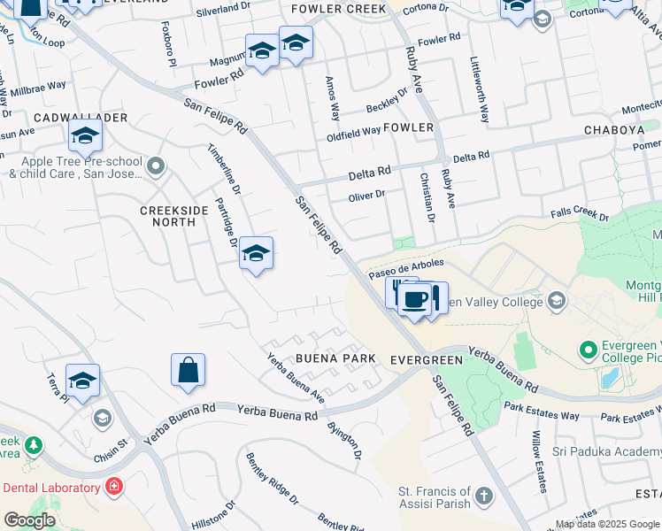map of restaurants, bars, coffee shops, grocery stores, and more near 4463 San Felipe Road in San Jose