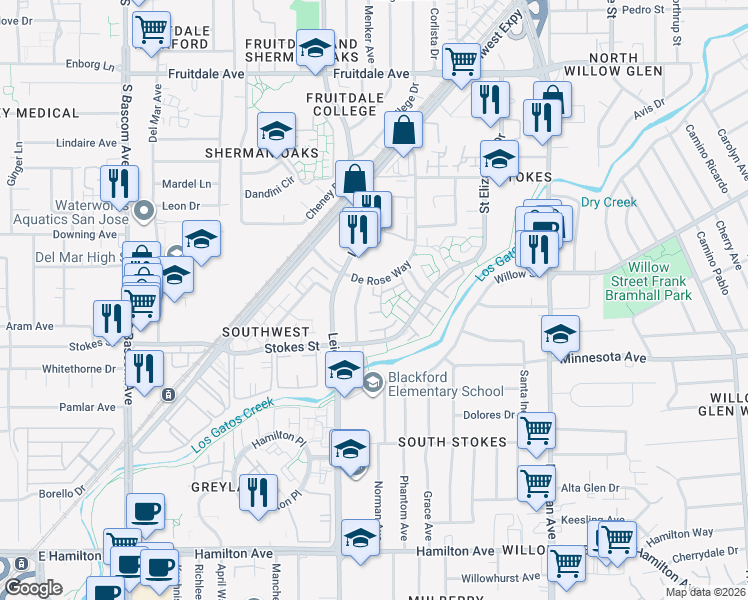 map of restaurants, bars, coffee shops, grocery stores, and more near 1590 East Lake Drive in San Jose