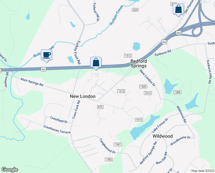 map of restaurants, bars, coffee shops, grocery stores, and more near 299 Alum Springs Road in Lynchburg