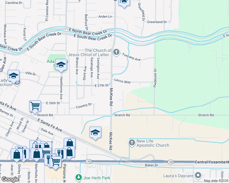 map of restaurants, bars, coffee shops, grocery stores, and more near 2520 McKee Road in Merced