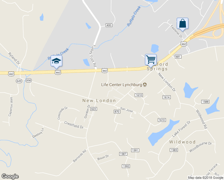 map of restaurants, bars, coffee shops, grocery stores, and more near 38 View Place in Lynchburg