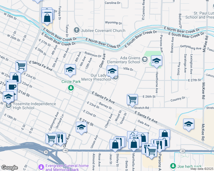 map of restaurants, bars, coffee shops, grocery stores, and more near 2560 Midge Avenue in Merced