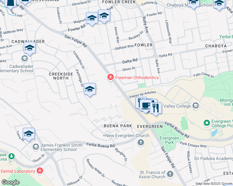 map of restaurants, bars, coffee shops, grocery stores, and more near 4277 San Felipe Road in San Jose