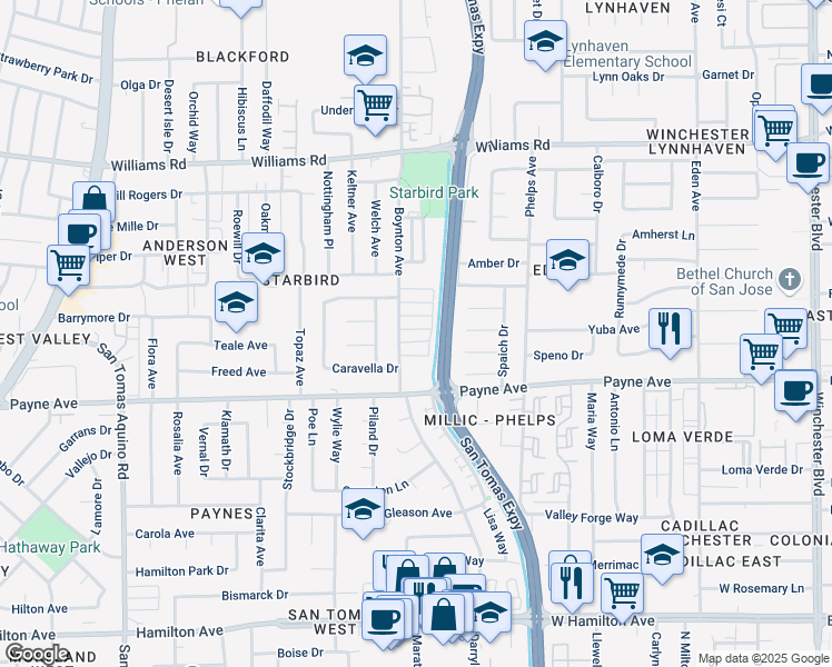 map of restaurants, bars, coffee shops, grocery stores, and more near 3678 Bridgeport Court in San Jose