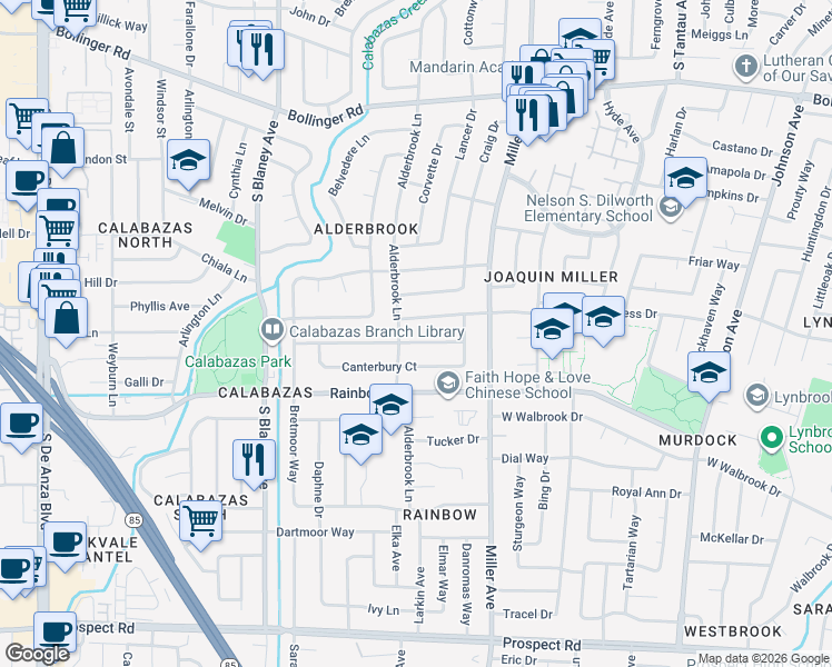 map of restaurants, bars, coffee shops, grocery stores, and more near 6444 Bancroft Way in San Jose
