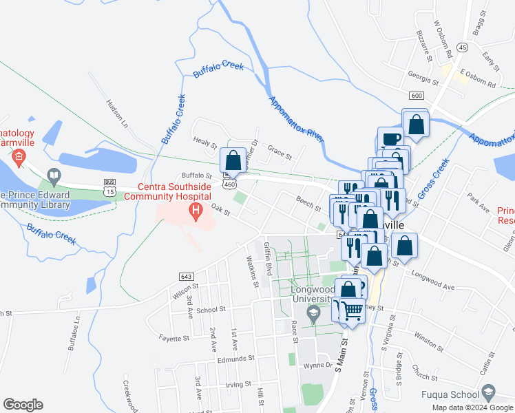 map of restaurants, bars, coffee shops, grocery stores, and more near 600-698 Buffalo St in Farmville