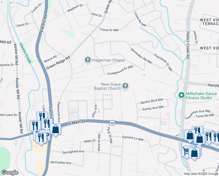 map of restaurants, bars, coffee shops, grocery stores, and more near 1535 Barnett Road Northwest in Roanoke