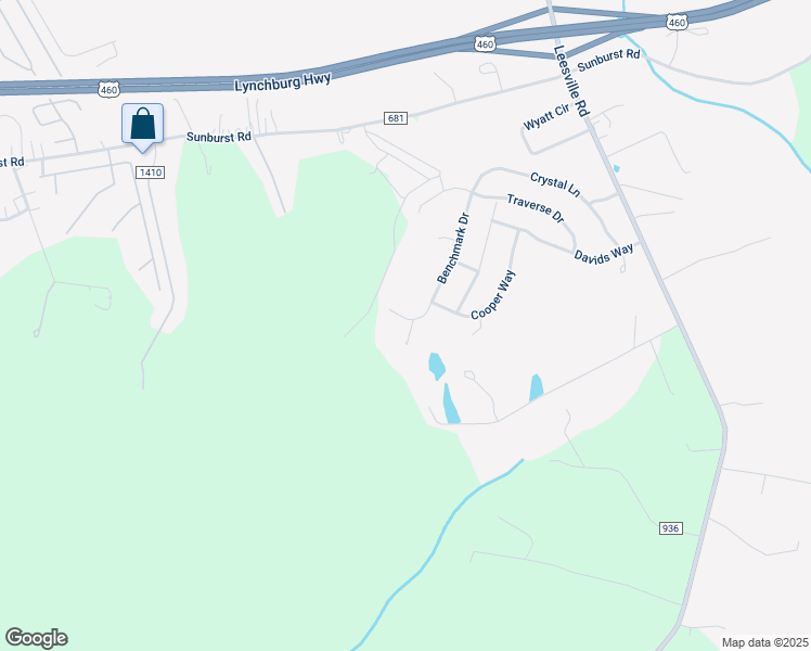 map of restaurants, bars, coffee shops, grocery stores, and more near 43 Benchmark Drive in Evington