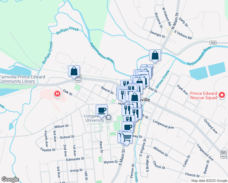 map of restaurants, bars, coffee shops, grocery stores, and more near 306 Beech Street in Farmville