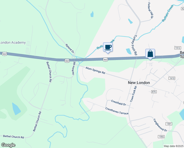 map of restaurants, bars, coffee shops, grocery stores, and more near 1018 Alum Springs Road in Forest
