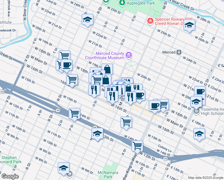 map of restaurants, bars, coffee shops, grocery stores, and more near 1715 N Street in Merced
