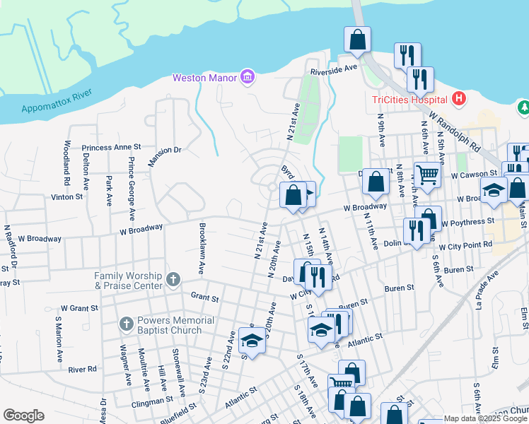 map of restaurants, bars, coffee shops, grocery stores, and more near 308 North 21st Avenue in Hopewell