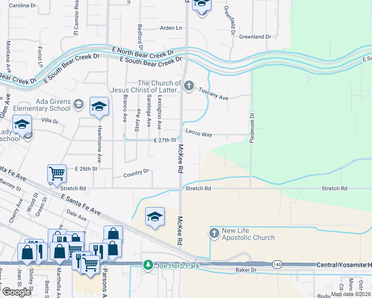 map of restaurants, bars, coffee shops, grocery stores, and more near 2278 Lecco Way in Merced