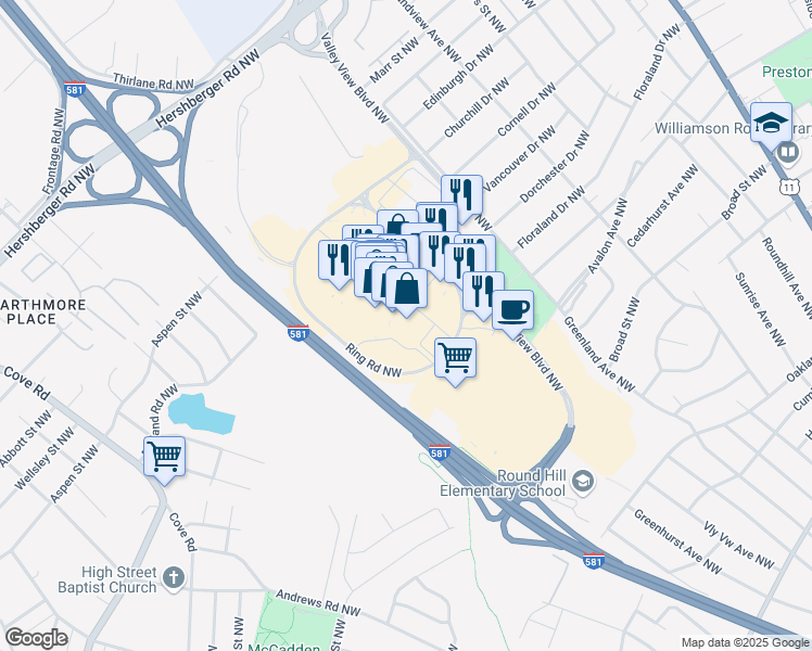map of restaurants, bars, coffee shops, grocery stores, and more near 4812 Valley View Boulevard Northwest in Roanoke