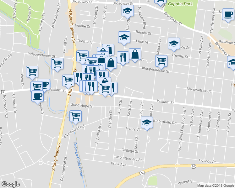 map of restaurants, bars, coffee shops, grocery stores, and more near 2010 William Street in Cape Girardeau