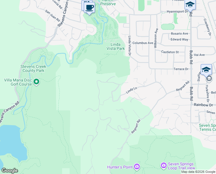 map of restaurants, bars, coffee shops, grocery stores, and more near 22090 Lindy Lane in Cupertino