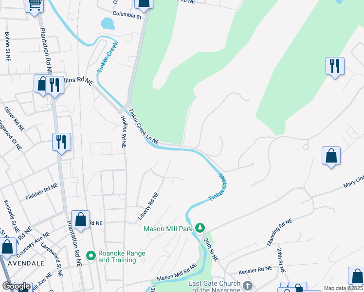 map of restaurants, bars, coffee shops, grocery stores, and more near Tinker Creek Lane Northeast in Roanoke