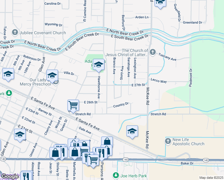 map of restaurants, bars, coffee shops, grocery stores, and more near 2665 Branco Avenue in Merced