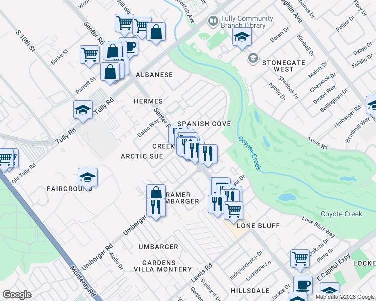 map of restaurants, bars, coffee shops, grocery stores, and more near 2591 Senter Road in San Jose