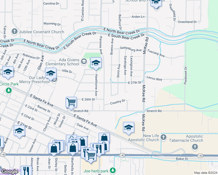 map of restaurants, bars, coffee shops, grocery stores, and more near 2665 Branco Avenue in Merced