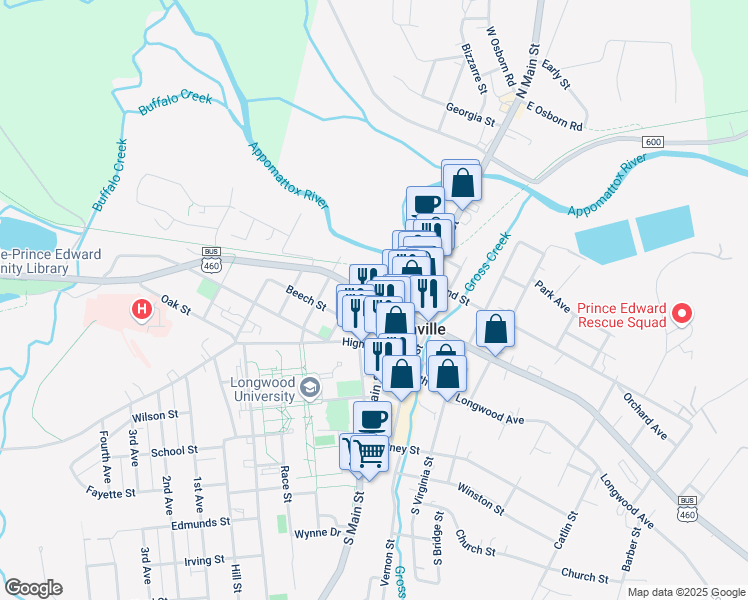 map of restaurants, bars, coffee shops, grocery stores, and more near 200-298 North St in Farmville