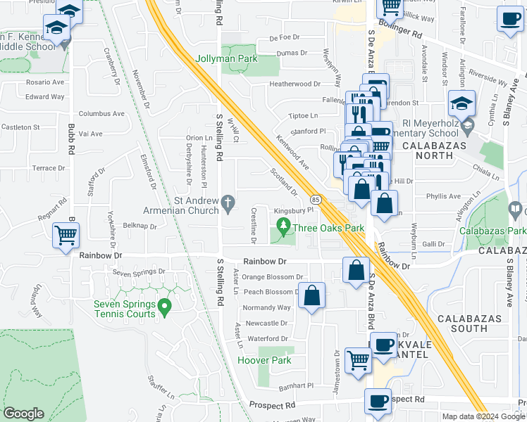 map of restaurants, bars, coffee shops, grocery stores, and more near 1157 Candlelight Way in Cupertino
