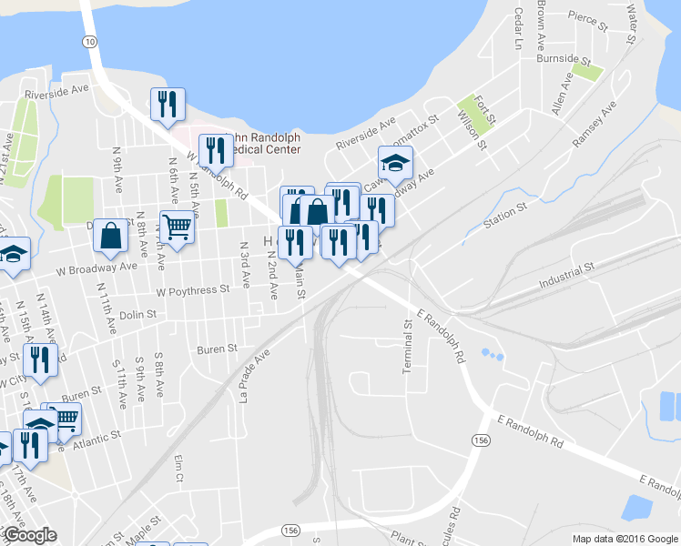 map of restaurants, bars, coffee shops, grocery stores, and more near 298 East Randolph Road in Hopewell