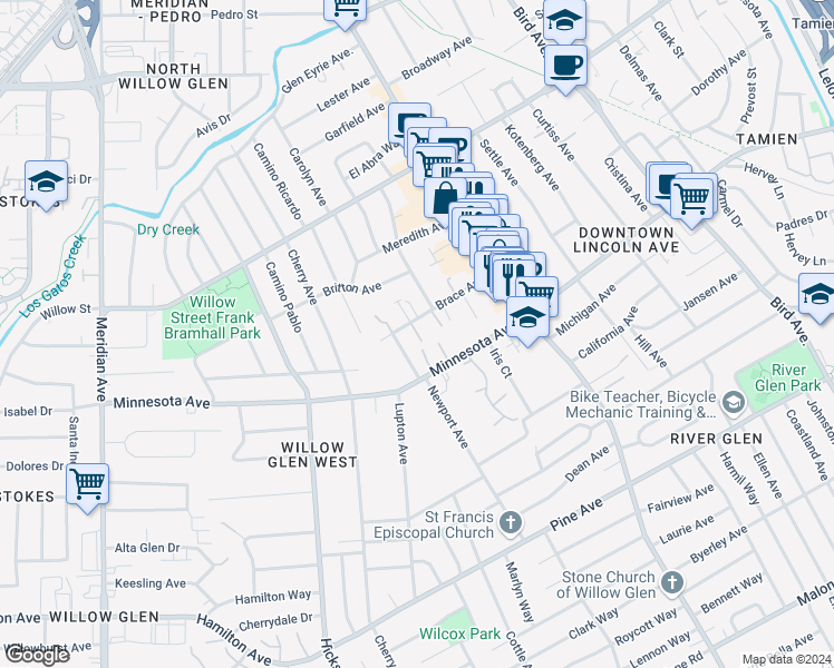map of restaurants, bars, coffee shops, grocery stores, and more near 1187 Brace Avenue in San Jose