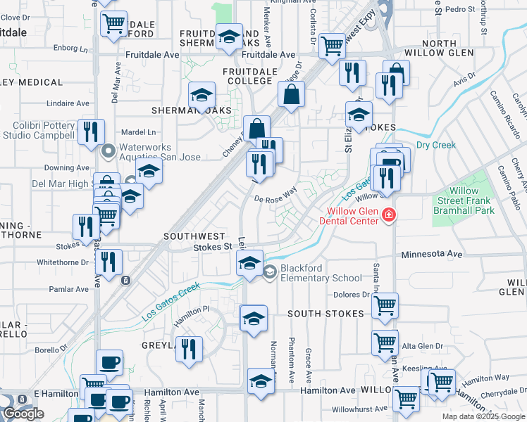 map of restaurants, bars, coffee shops, grocery stores, and more near 1590 De Rose Way in San Jose