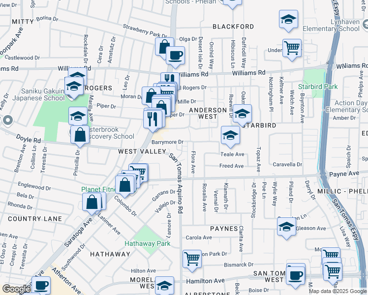 map of restaurants, bars, coffee shops, grocery stores, and more near 1211 Garbo Way in San Jose