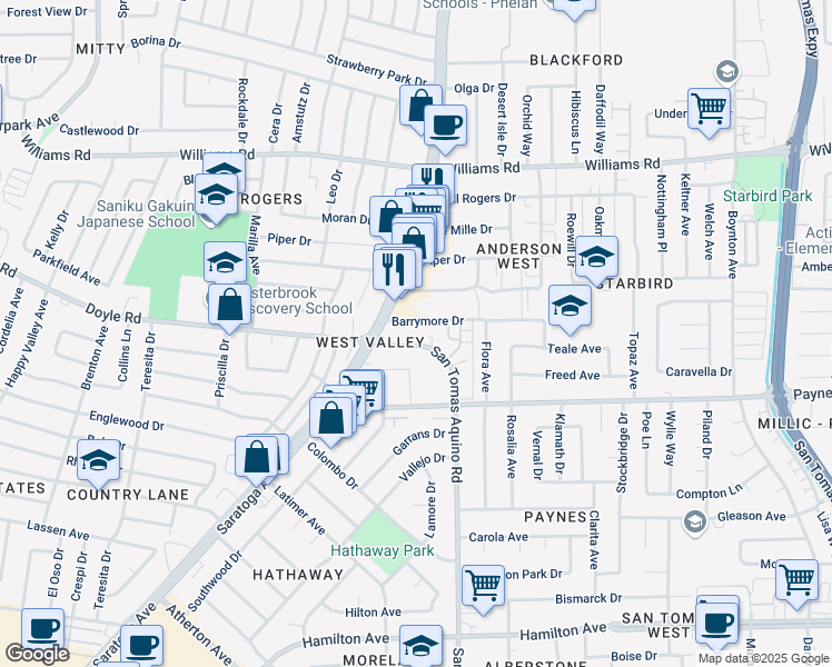 map of restaurants, bars, coffee shops, grocery stores, and more near 4211 Barrymore Drive in San Jose